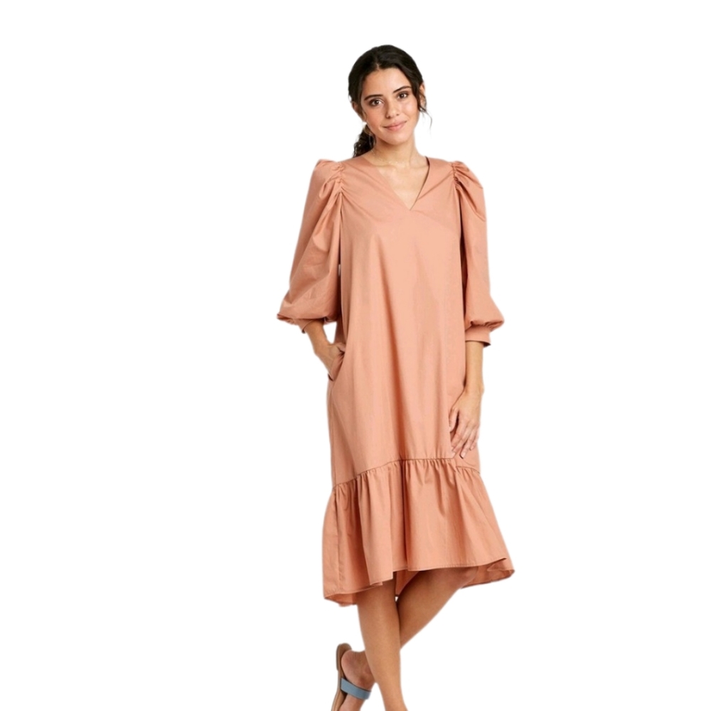Peach Mid Arm Puff Sleeve Midi Ruffle Hem Dress